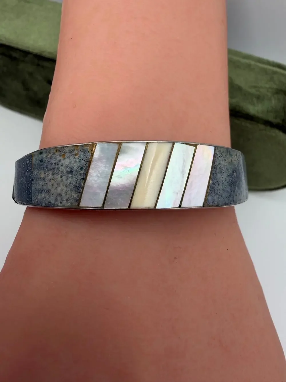 Vintage Blue Sponge Coral & Mother of Pearl Inlay Bracelet Silver Tone MOP Cuff